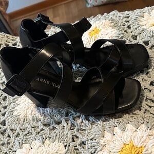 Anne Klein Black Strappy Block Heel Sandals with Ankle Buckle